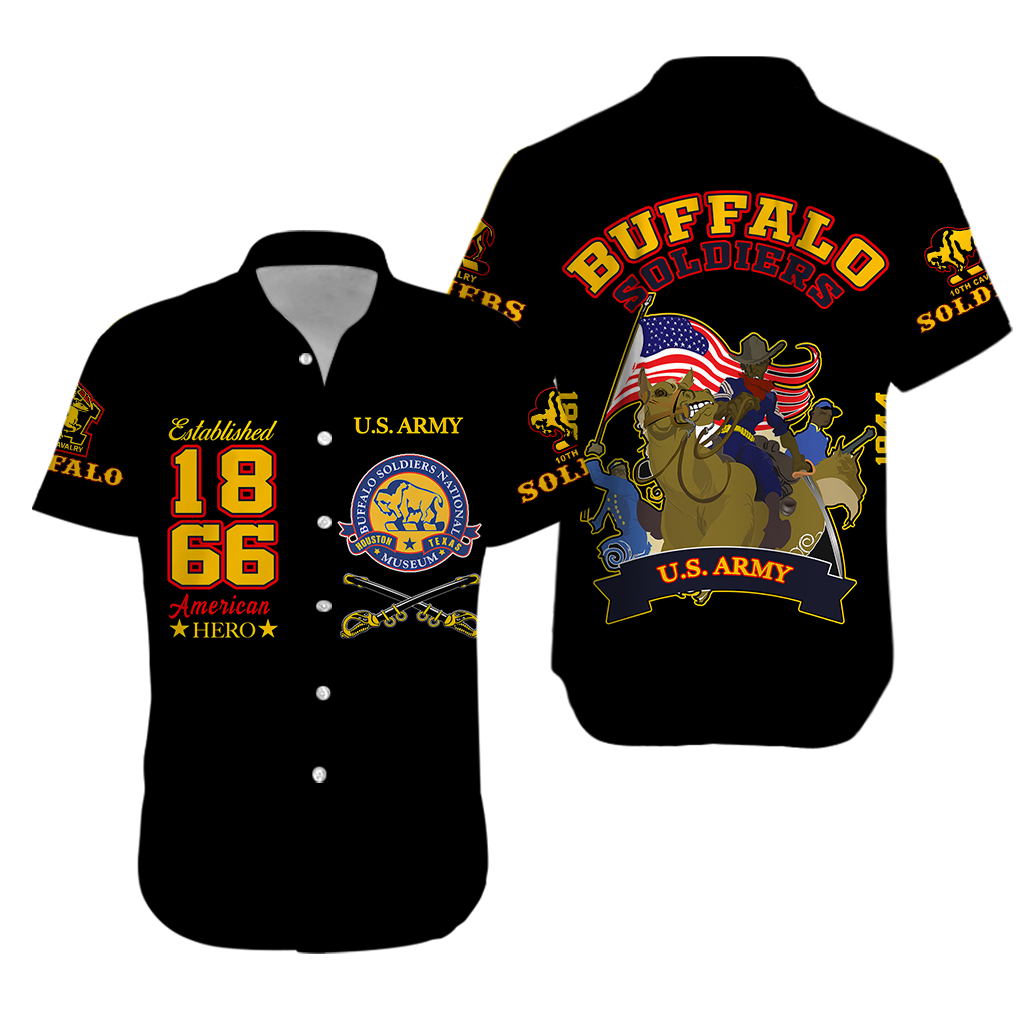 Black unisex Hawaiian shirt; Buffalo Soldiers back print and U.S. Army front graphic