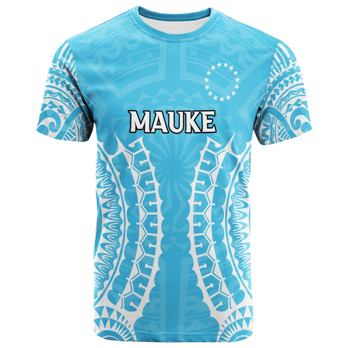 Blue Mauke tribal pattern T-shirt with bold “MAUKE” front print