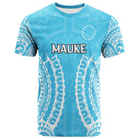 Blue Mauke tribal pattern T-shirt with bold “MAUKE” front print