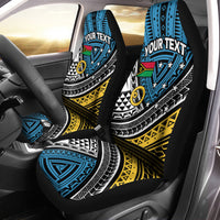 Blue tribal seat covers with black base, white zigzags, stars, and custom 'Your Text'.