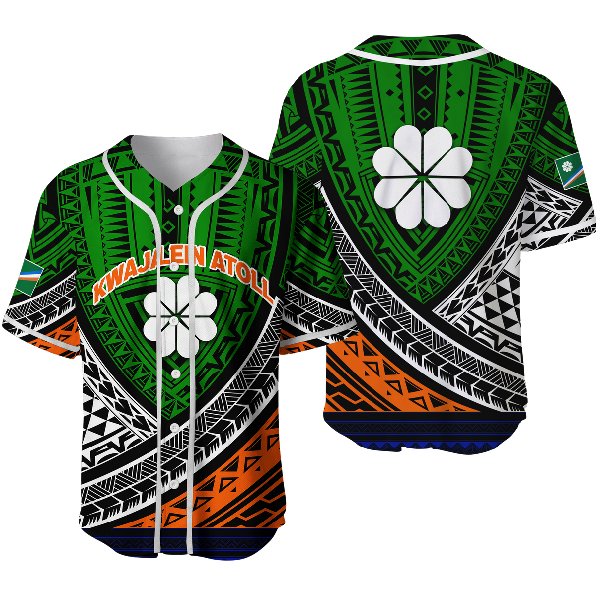 Tribal patterned baseball jersey with green, white, orange and blue geometric design plus flower emblem
