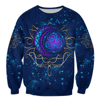 Blue crewneck sweatshirt with purple celtic moon and gold filigree graphic