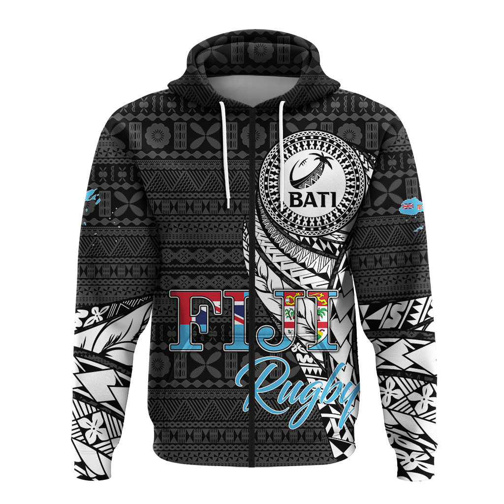 Tapa pattern pullover hoodie front view with central crest graphic and drawstring hood