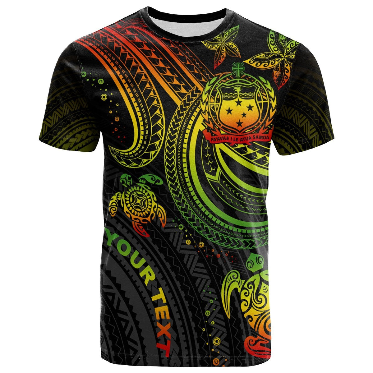 Black reggae turtle T-shirt with neon green, yellow, orange tribal graphics (front)