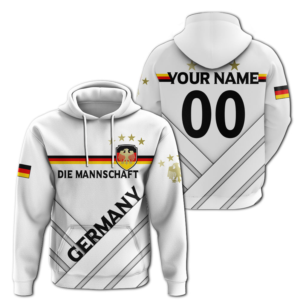 Deutschland-Logo Hoodie in Weiß: vorne „DIE MANNSCHAFT“, Rückseite „YOUR NAME 00“