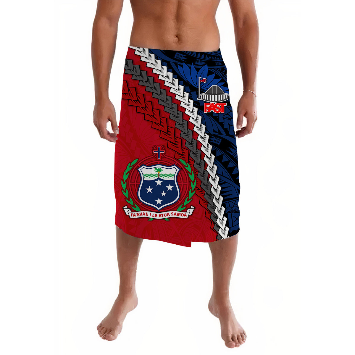 Red and blue Polynesian patterned lava-lava sarong with shield logo