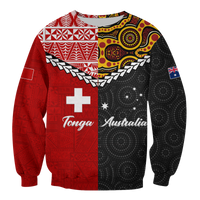 Colorful Aboriginal-style sweatshirt, red/black panels with white chain and stars
