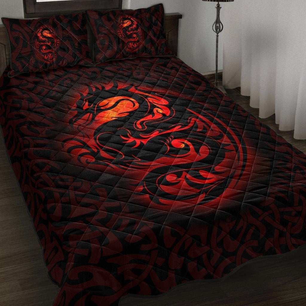 Red and black Celtic quilt bed set with dragon knot motif, stitched wave pattern
