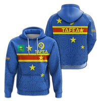 Blue pullover hoodie with TAFEA flag graphic, front and back views