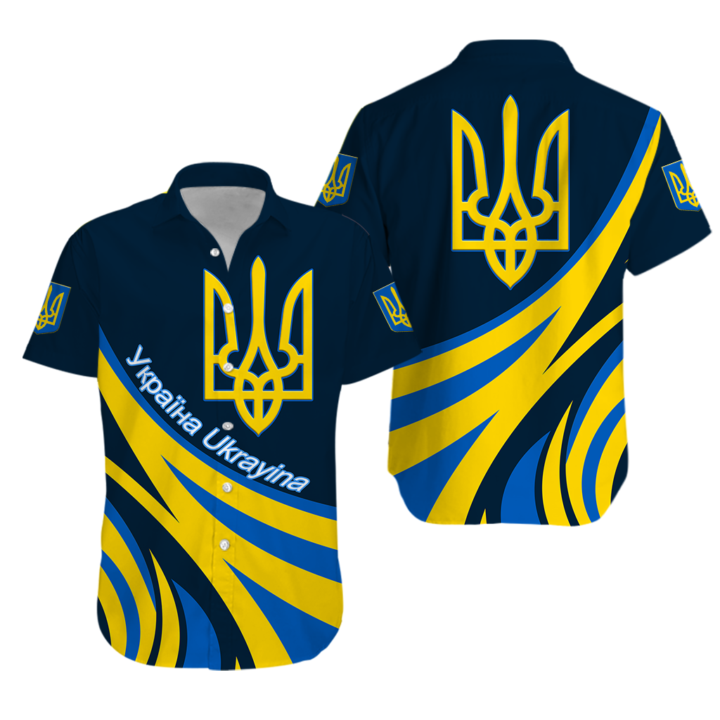 Blue Hawaiian shirt with gold trident emblem and yellow diagonal stripes