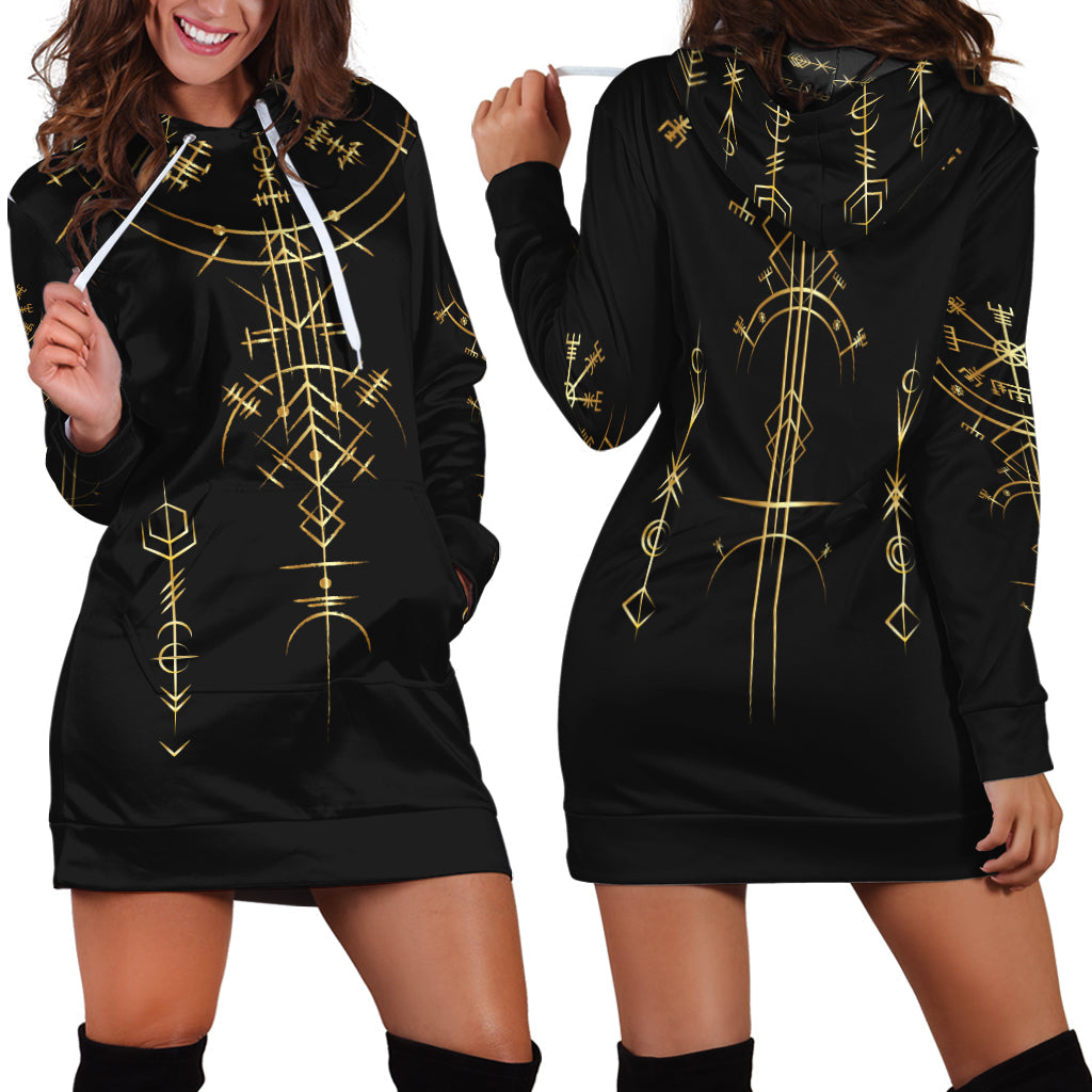 Black hoodie dress with gold Norse geometric print, kangaroo pocket and hood