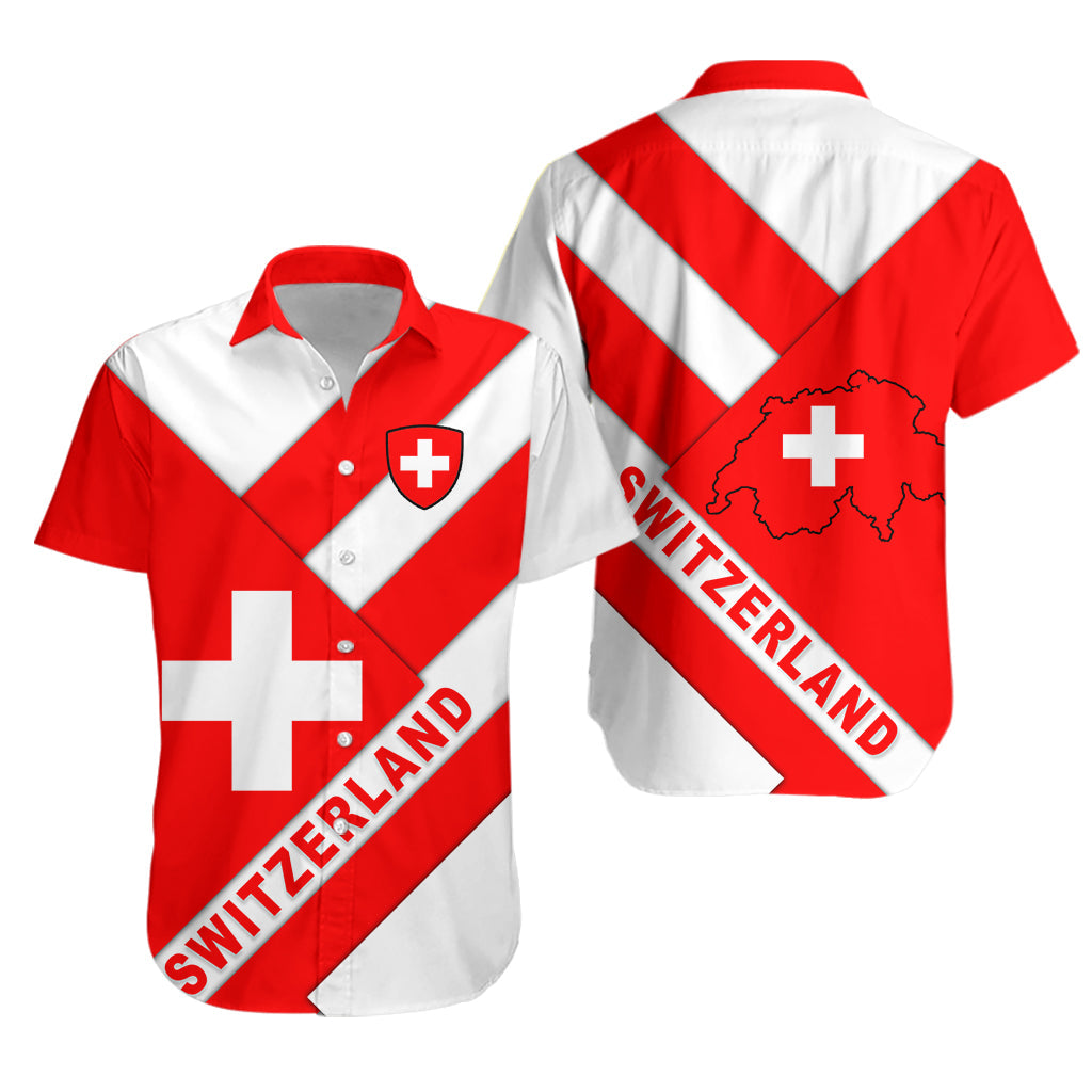 Unisex red-and-white Hawaiian button-up shirt with Swiss map cross and diagonal SWITZERLAND text