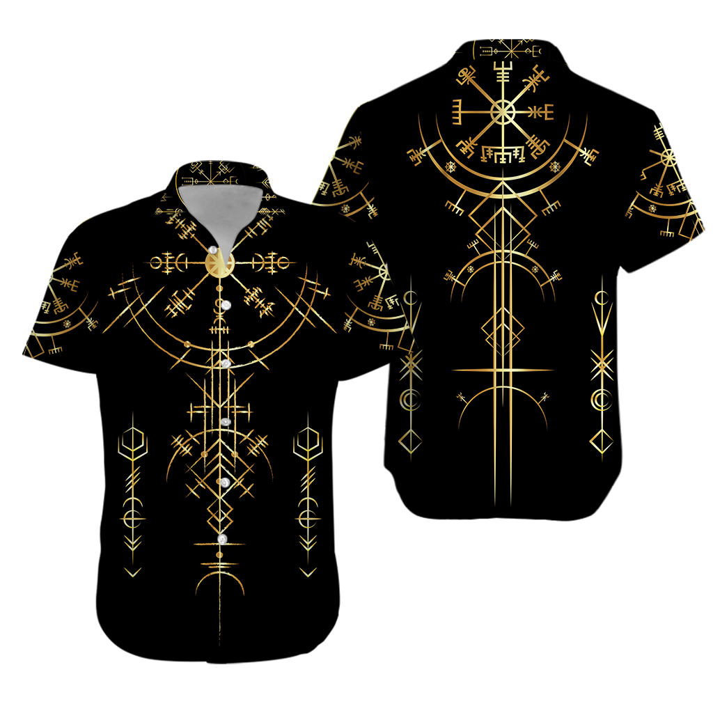 Black Hawaiian shirt with gold Viking helm-of-awe symbol print