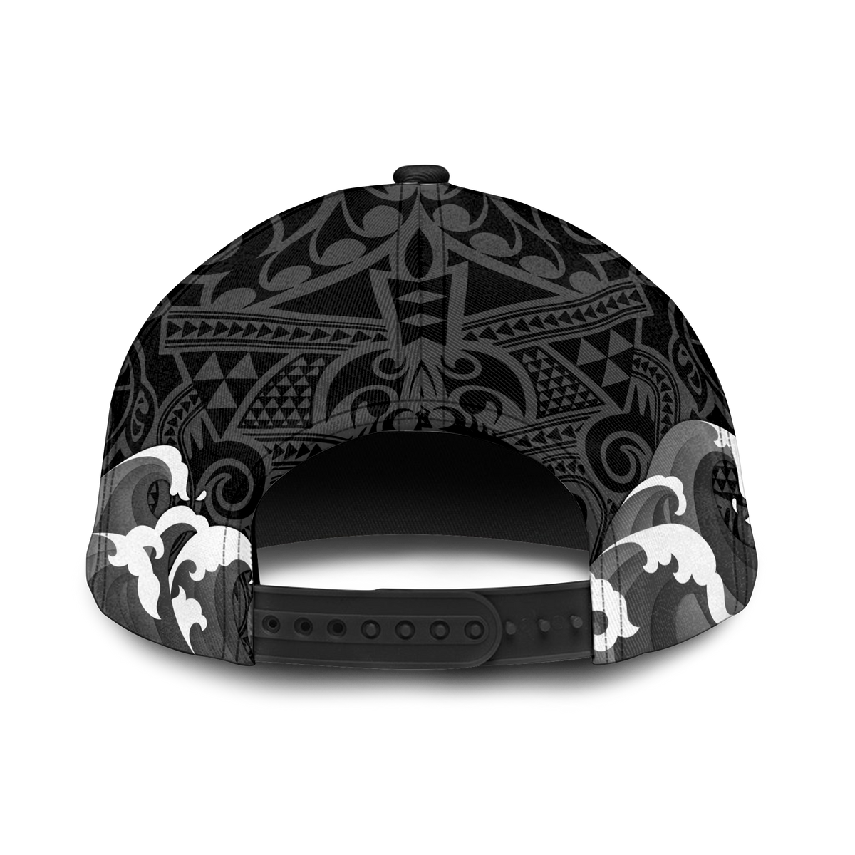Black cap back with snapback strap and white wave print near opening