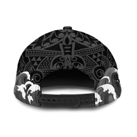 Black cap back with snapback strap and white wave print near opening