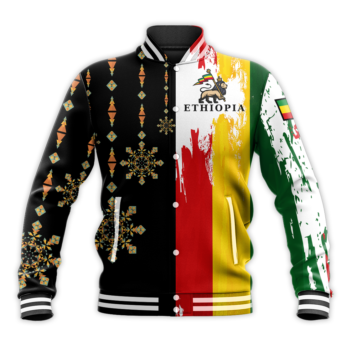 Ethiopia baseball jacket with Aztec-style pattern, multicolor flag panels, ribbed collar
