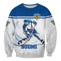 Unisex Finland hockey pride sweatshirt, Suomi crest and goalie graphic on front