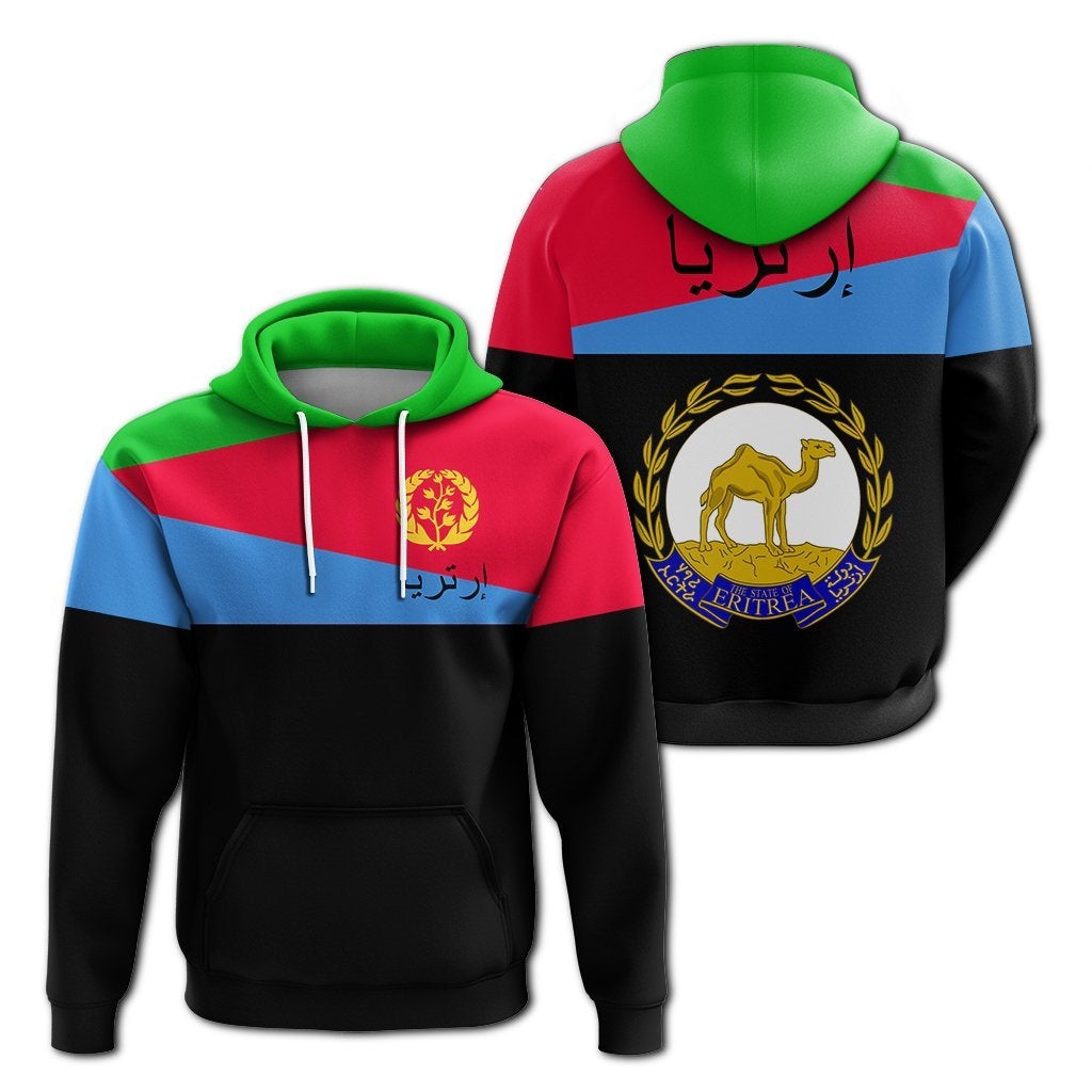 Eritrea flag style pullover hoodie with hood, kangaroo pocket, red/blue/green/black print