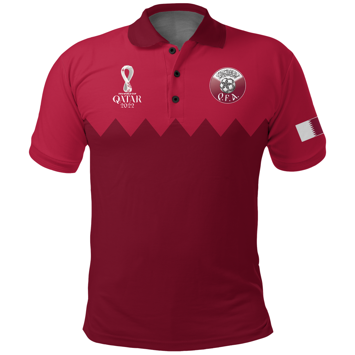 Maroon polo shirt with collar, button placket, front crest and zigzag panel