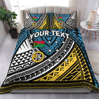 Blue tribal bedding set with two pillowcases, black/white/yellow/blue geometric pattern
