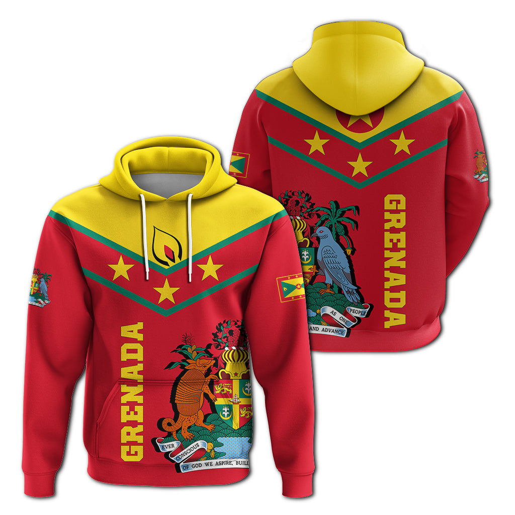 Red pullover hoodie with yellow hood, white drawstrings, and large front crest graphic.