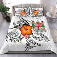 White Fiji bedding set: black tribal prints, orange hibiscus, two matching pillowcases