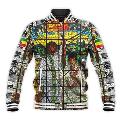 Unisex baseball jacket with multicolor Ethiopia-themed front graphic and snap buttons