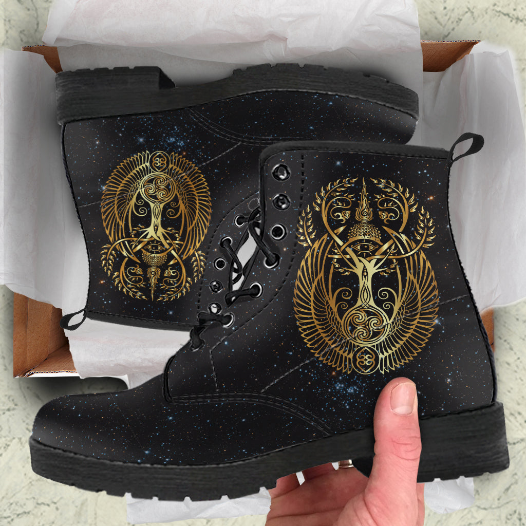 Black leather lace-up boots with gold Odin/Tree of Life graphic on side