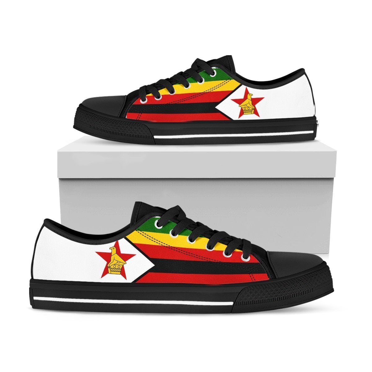 Low-top sneakers with Zimbabwe flag print, white panel, red/yellow/green accents, black sole
