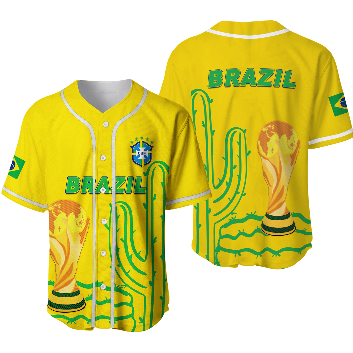 Yellow Brazil baseball jersey with white trim, front button placket and CBF crest