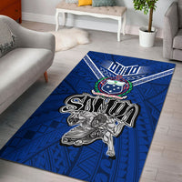 Blue Samoa warrior pride area rug with patterned border and large central warrior graphic