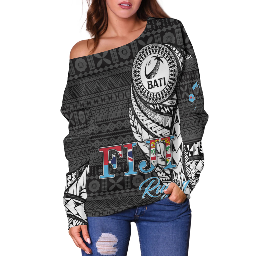 Women’s off-shoulder sweater with black tapa print, Bati emblem and Fiji Rugby lettering