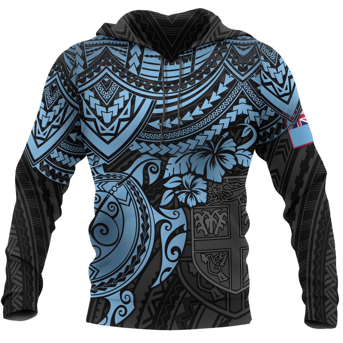 Fiji Polynesian blue turtle pullover hoodie with large front graphic and hood pockets