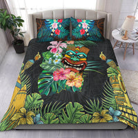 Black tropical tiki bedding set, hibiscus flowers & palm leaves; 2 pillowcases