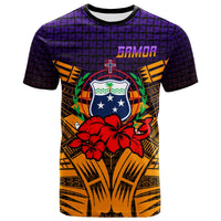 Purple crew-neck T-shirt, tribal Samoa crest with red hibiscus flowers