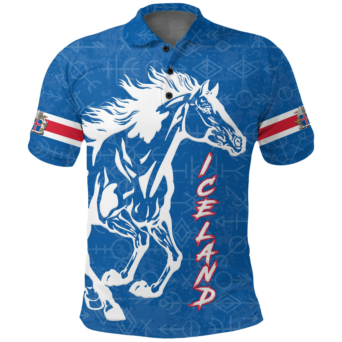 Blue polo shirt with white rearing horse, Iceland flag stripe, 'ICELAND' vertical text