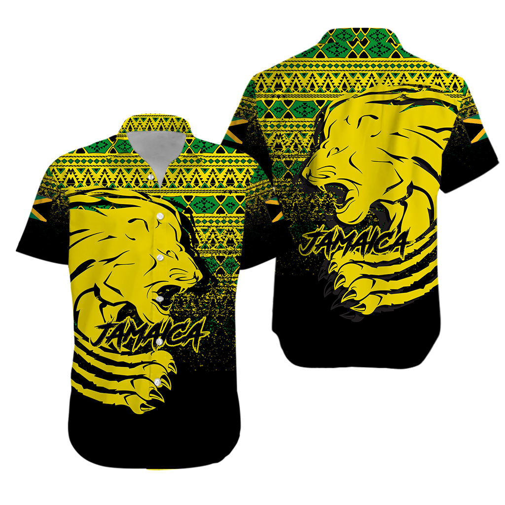 Black unisex Hawaiian shirt with green/yellow geometric pattern and roaring lion graphic