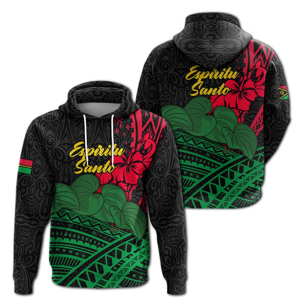 Black pullover hoodie with bold Spiritu Santo print, hibiscus and tropical leaves