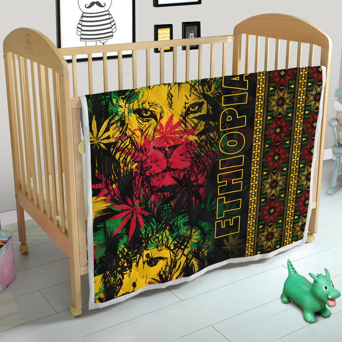 Premium quilt with lion art, yellow 'REGGAE' lettering, green/red border