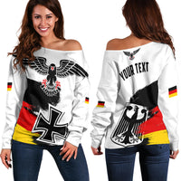 Off-Shoulder Damenpullover, weiß, Adler & Kreuz im Deutschland-Flaggenmotiv