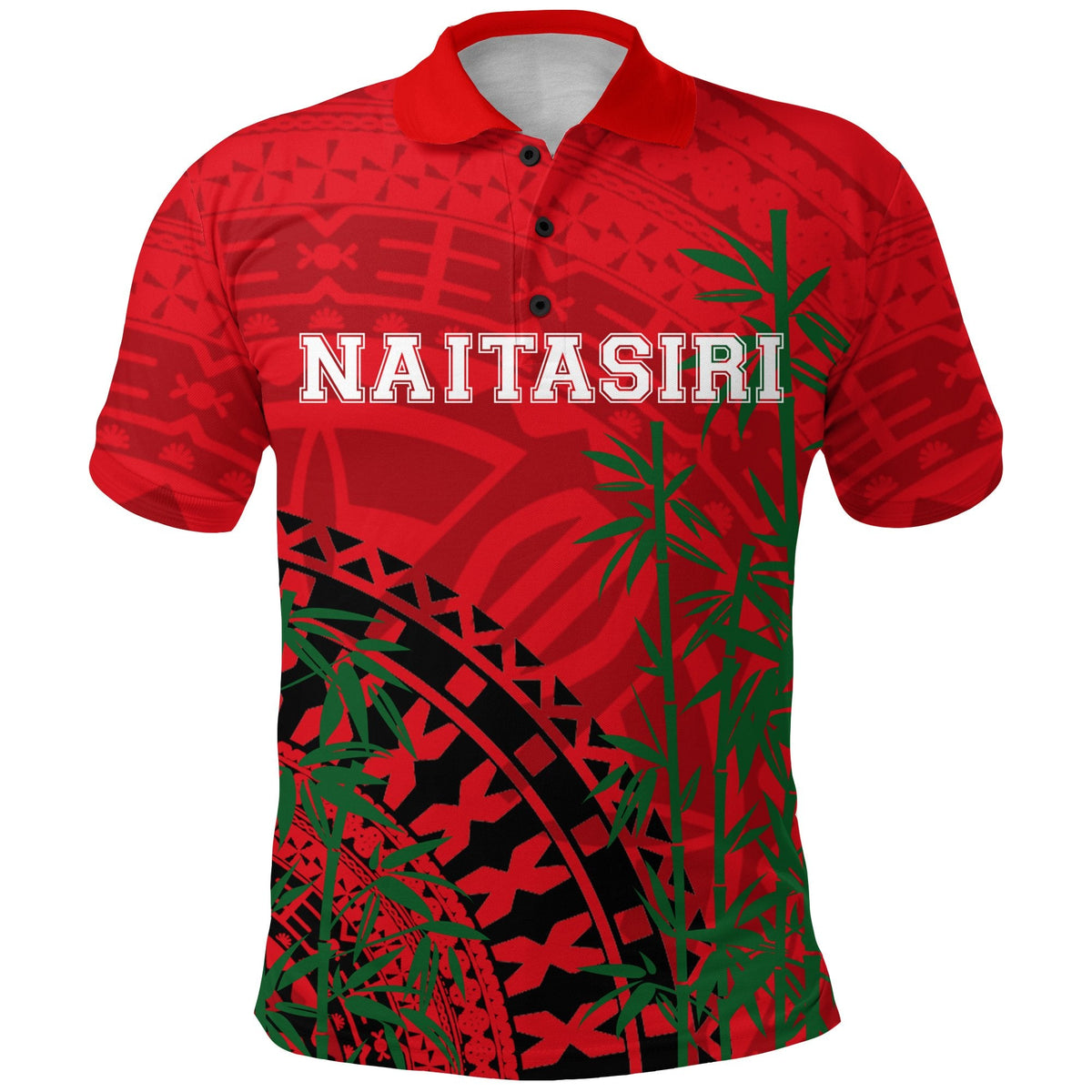 Naitasiri Rugby Polo red tapa pattern with green leaf and black geometric trim