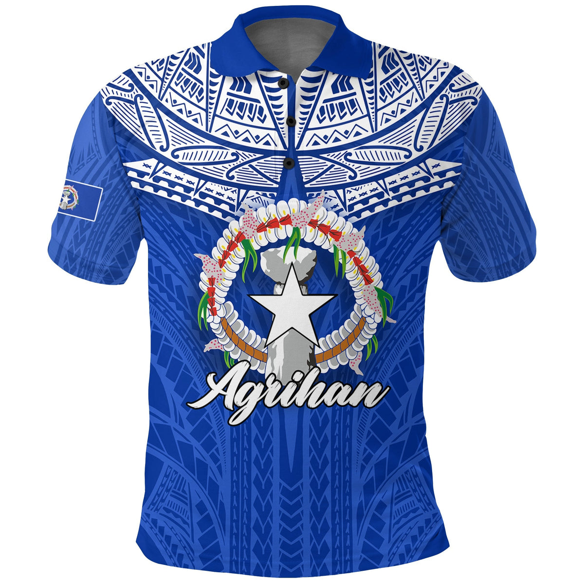Blue polo shirt with Agrihan star crest and flower wreath graphic, short sleeves