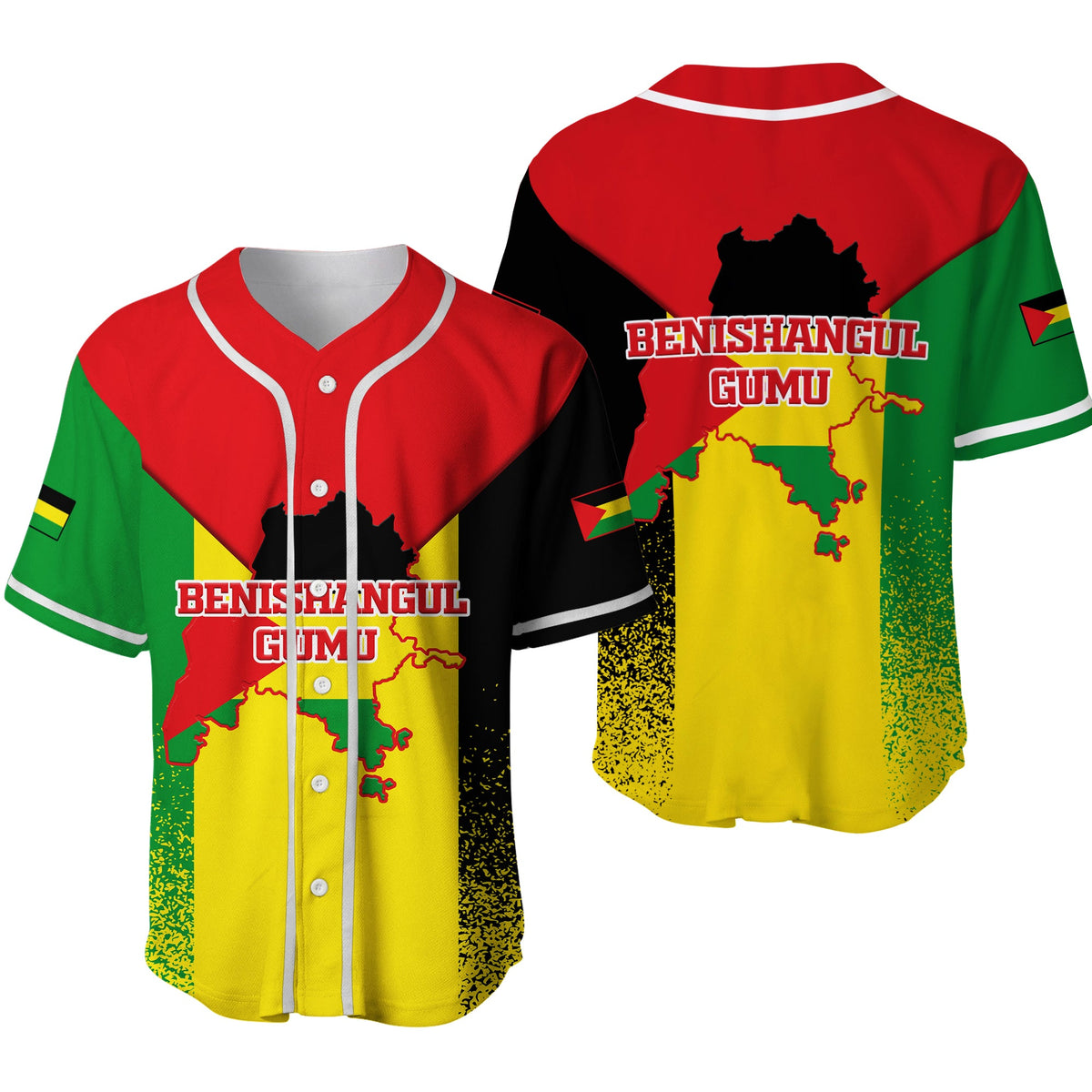 Benishangul-Gumuz Legend baseball jersey, multicolor red/green/yellow, front buttons