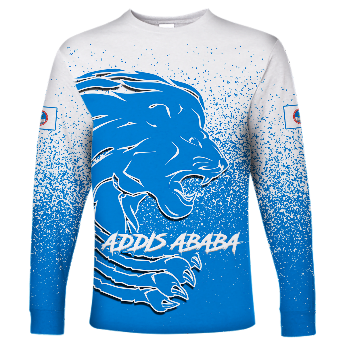 Long-sleeve blue T-shirt with lion graphic and Addis Ababa lettering