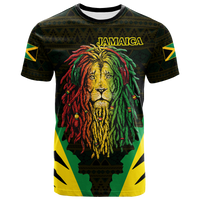 Black t-shirt with Jamaica text and colorful lion face graphic on front