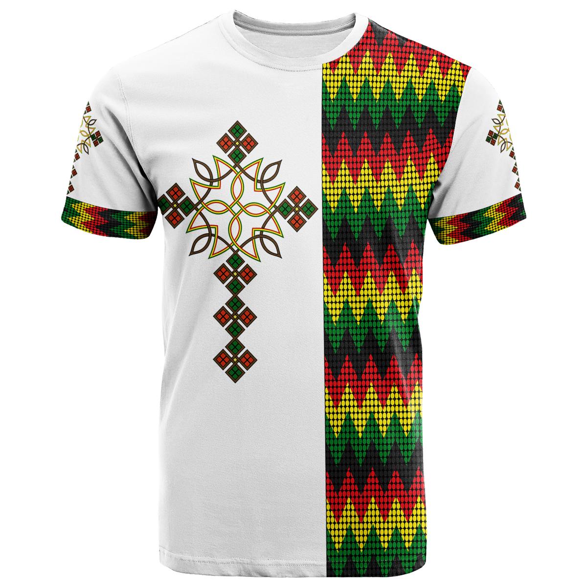 White T-shirt with Ethiopian cross front graphic and multicolor side pattern panels