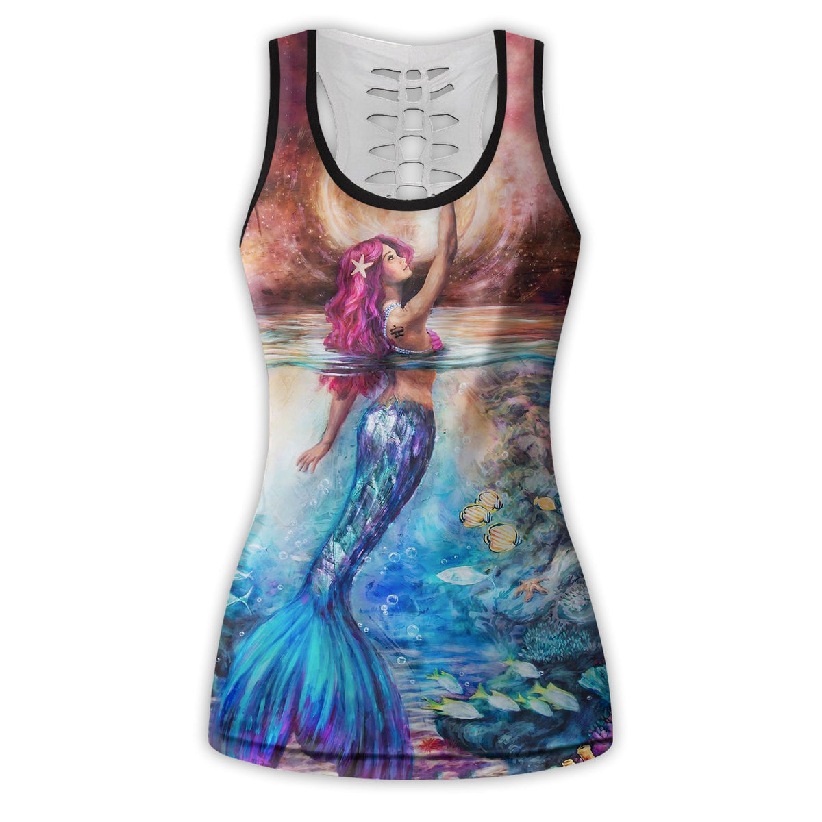 Mermaid print tank top with black trim and cutout white lace-up back