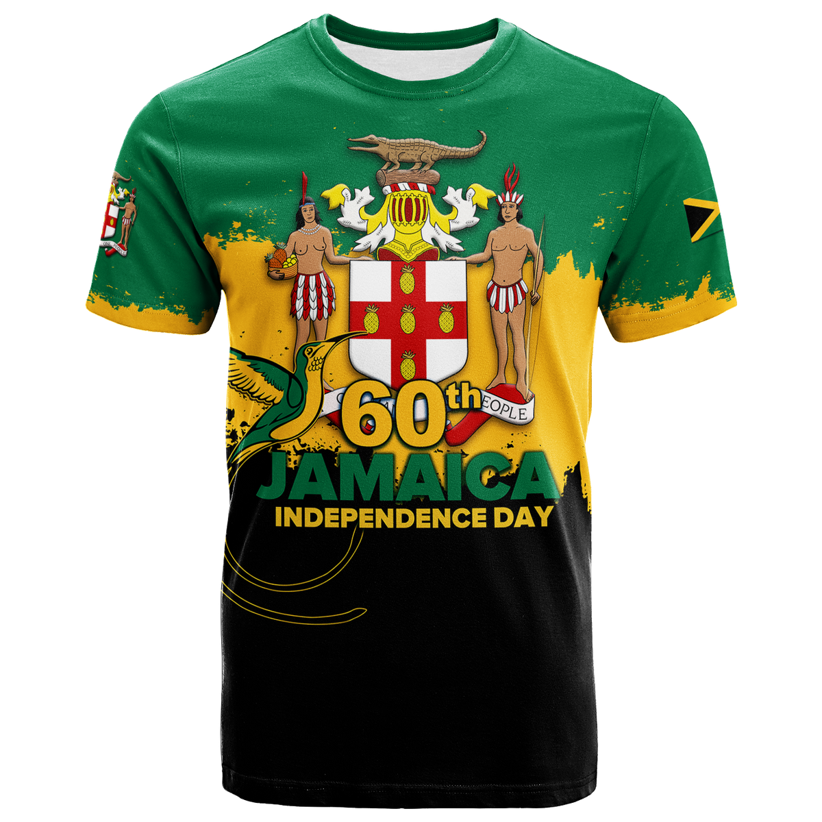 Green Jamaica Independence Day T-shirt with rooster and 60th emblem graphic, crew neck