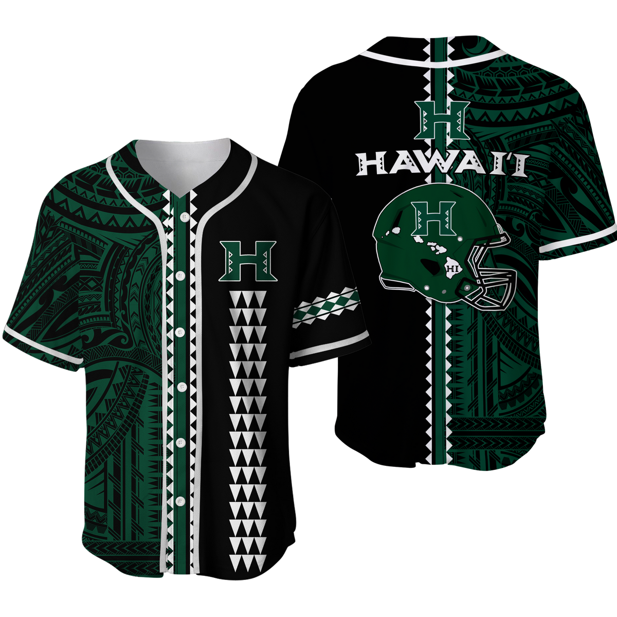 Green/black Hawaii warrior baseball jersey with patterned sleeves, button front, helmet logo