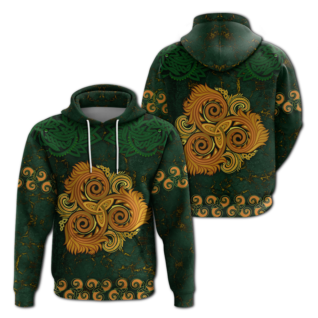 Green pullover hoodie with gold Celtic triple spiral disk graphic and green knot sleeves